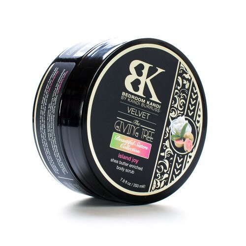 An image of Bedroom Kandi's Giving Tree Velvet body scrub in a black jar balanced on its side. The fragrance on the label is Island Joy.
